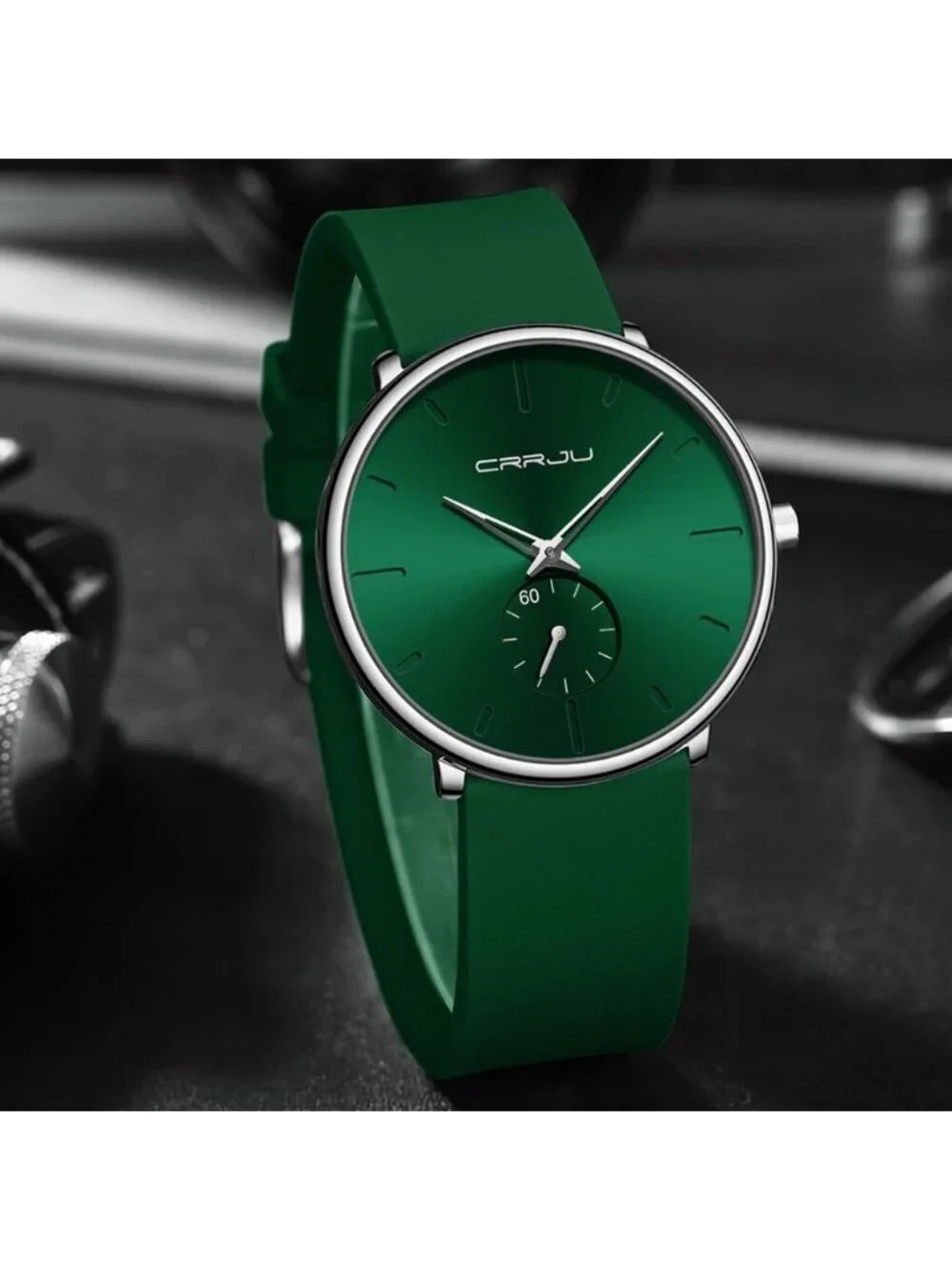 Crrju Men's Green Stylish Waterproof Quartz Unisex Ultra Silicone Band Watch